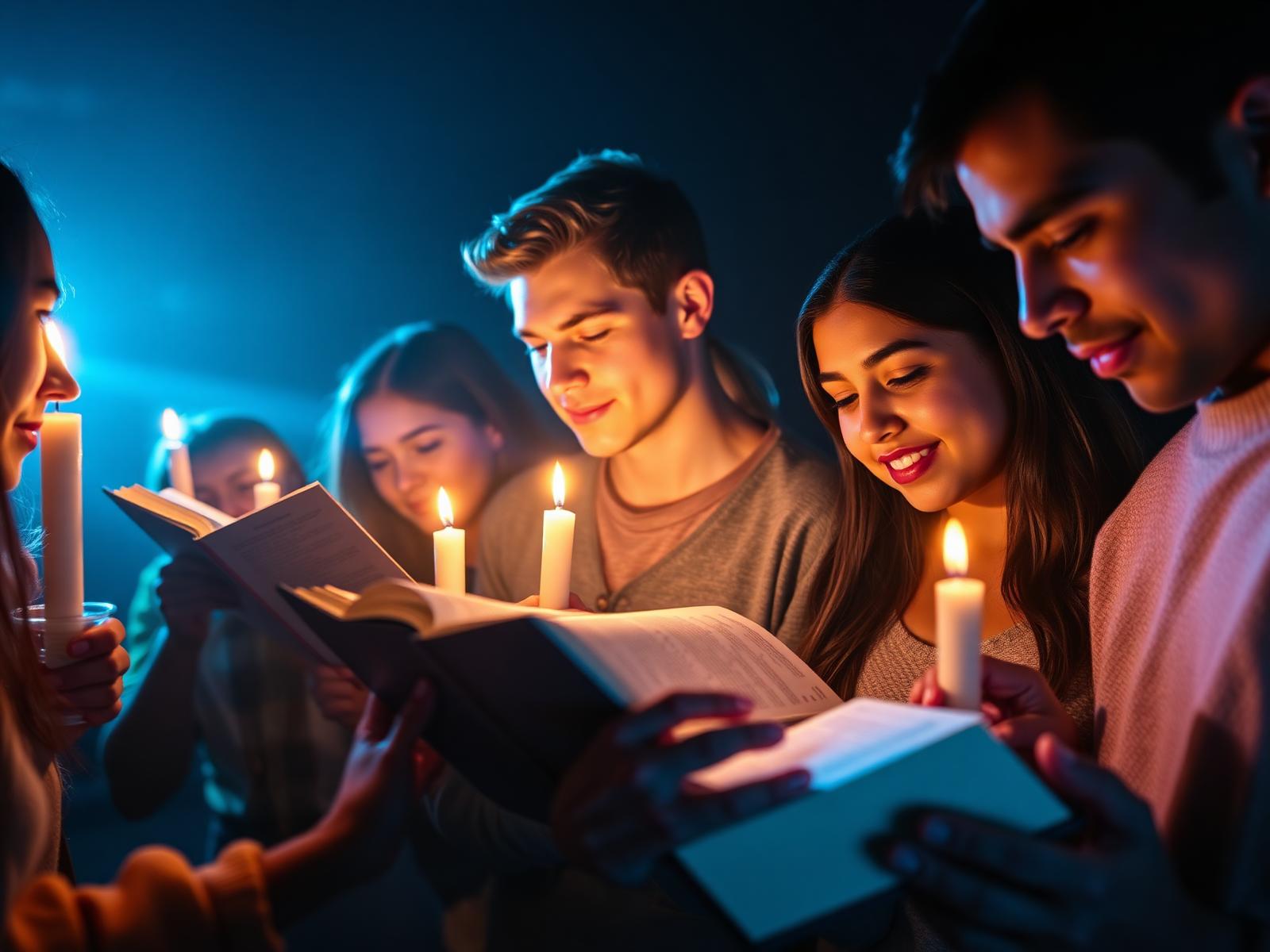 Grupo de jovens lendo a Bíblia juntos à luz de velas